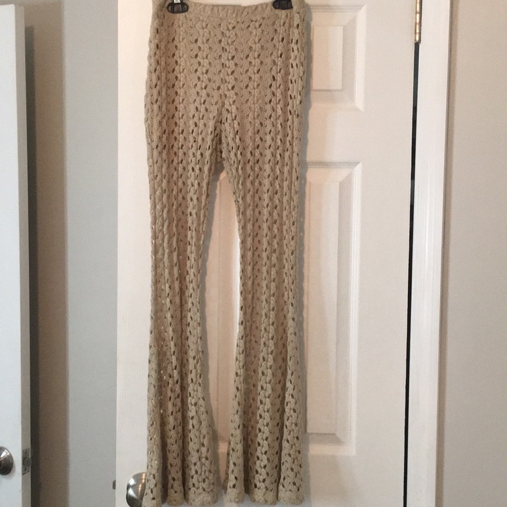 Tan, lace flared-bottom pants